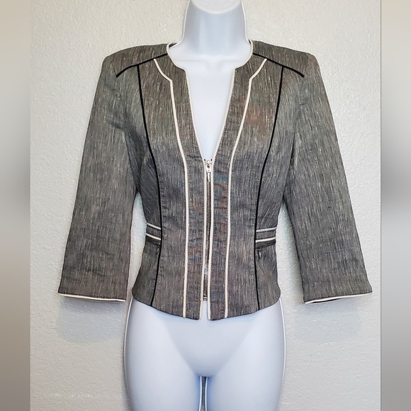 WHBM Linen Blend Gray White Black Structured Cropped Fitted Blazer Jacket Size 4 - Picture 2 of 11